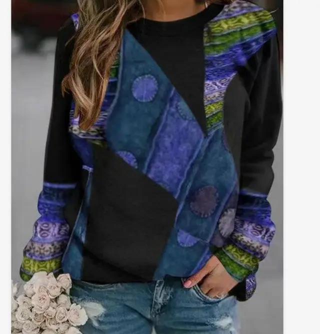 European And American Spring Fashion Casual Positioning Printed Round Neck Long Sleeve Blue - Shop at LoveMi