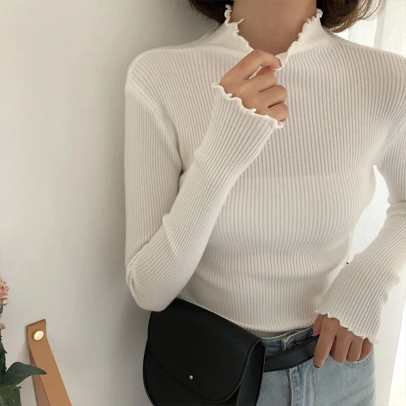 Spring And Autumn New Slim Fit Inner Wear Pure Color Half Collar Sweater For Women White - Shop at LoveMi