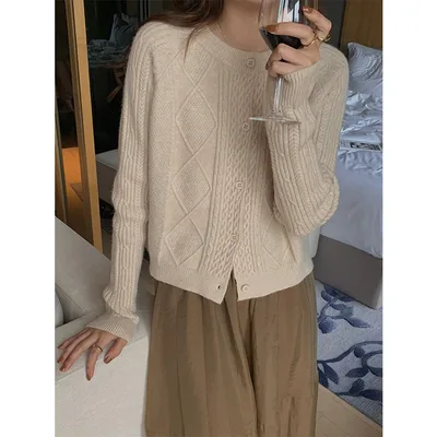 Vintage Short Wool Knitted Cashmere Cardigan For Women Apricot - Shop at LoveMi