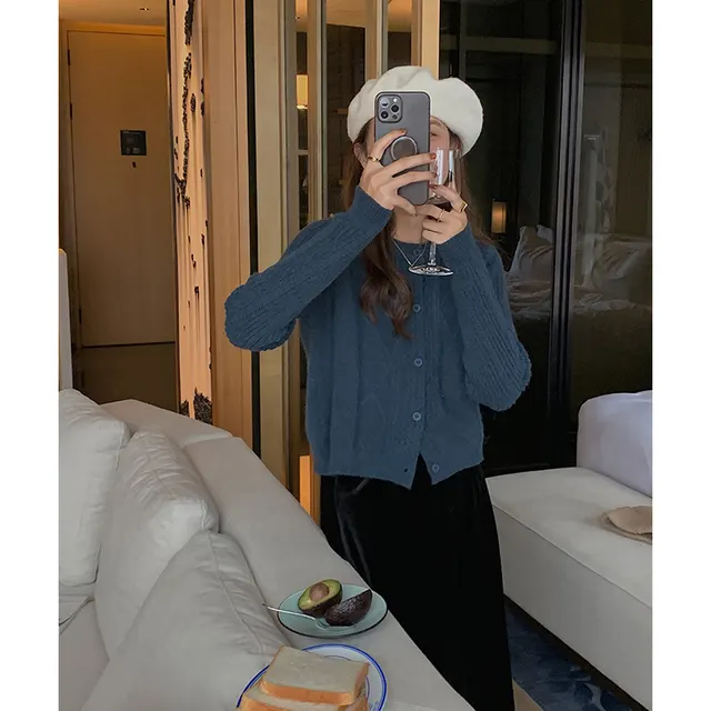 Vintage Short Wool Knitted Cashmere Cardigan For Women Blue - Shop at LoveMi