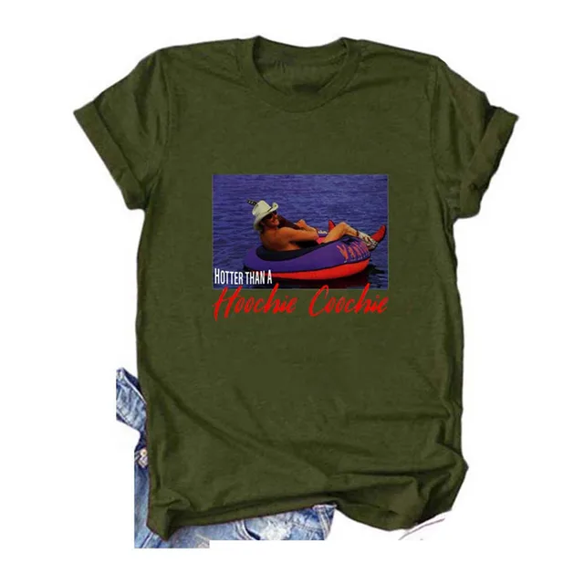 Hotter Than A Hoochie Coochie Crew Neck Casual Loose Printed Short Sleeve T shirt For Women Army Green Color Picture - Shop at LoveMi