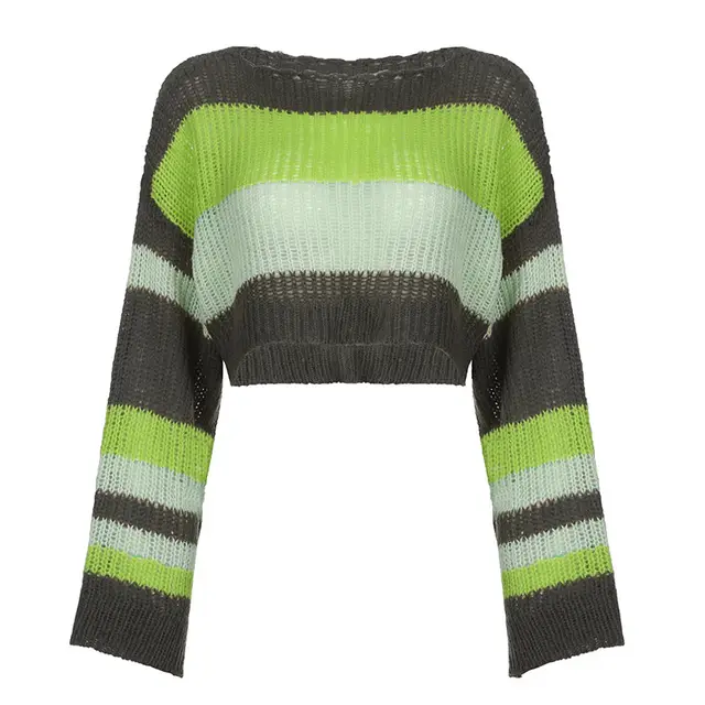 Stripe Color Blocking Hollow Perspective Wool Short Blouse Loose Green - Shop at LoveMi