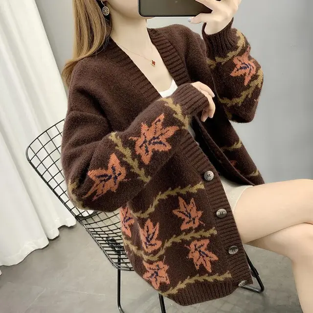 Maple Leaf Jacquard Knitted Cardigan Women's Loose Sweater Coffee - Shop at LoveMi