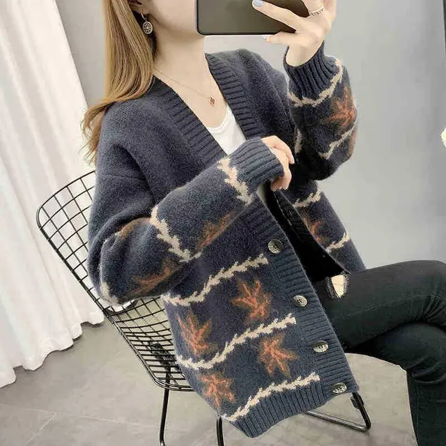 Maple Leaf Jacquard Knitted Cardigan Women's Loose Sweater Dark Grey - Shop at LoveMi