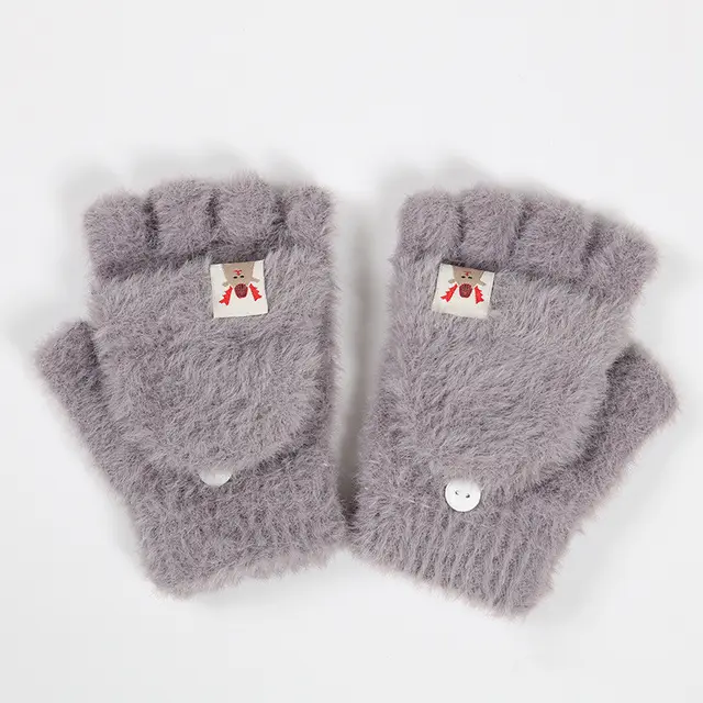 Plush Winter Half Finger Flap Warm Thickened Mink Like Knitting Gloves Grey - Shop at LoveMi