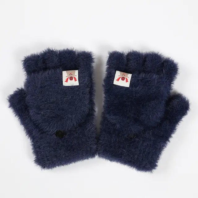 Plush Winter Half Finger Flap Warm Thickened Mink Like Knitting Gloves Navy Blue - Shop at LoveMi