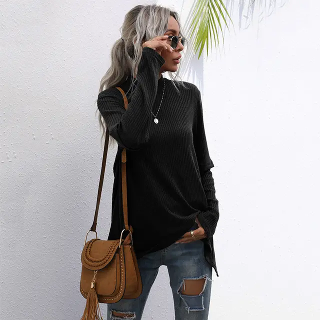 Autumn And Winter New Round Neck Casual Solid Pullover Long Sleeve Top Black - Shop at LoveMi