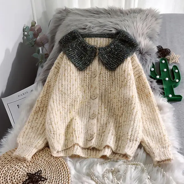 Sweet Loose Lazy Wind Student Knitwear Jacket Thickened Beige - Shop at LoveMi