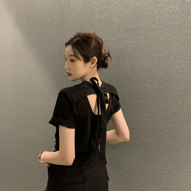 Fashion Scheming Bow Tie Hollow Out Backless Short Sleeved Women Black - Shop at LoveMi