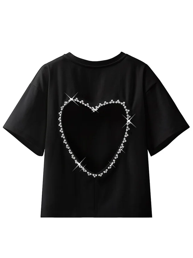 Hand Beaded Heavy Work Crystal Diamond Heart Hollow Top Black - Shop at LoveMi