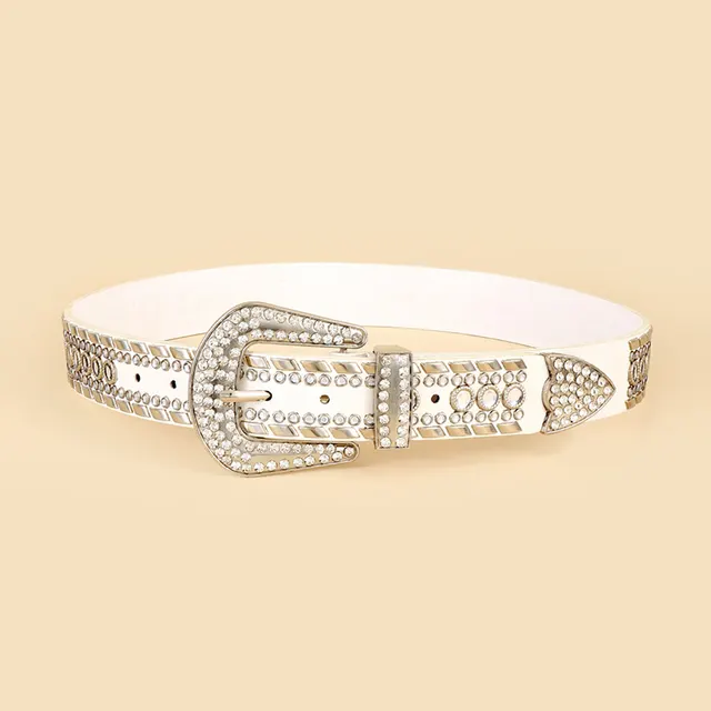 Cattle Vintage Locomotive Rivet With Diamond Inlaid Decorative Belt White - Shop at LoveMi