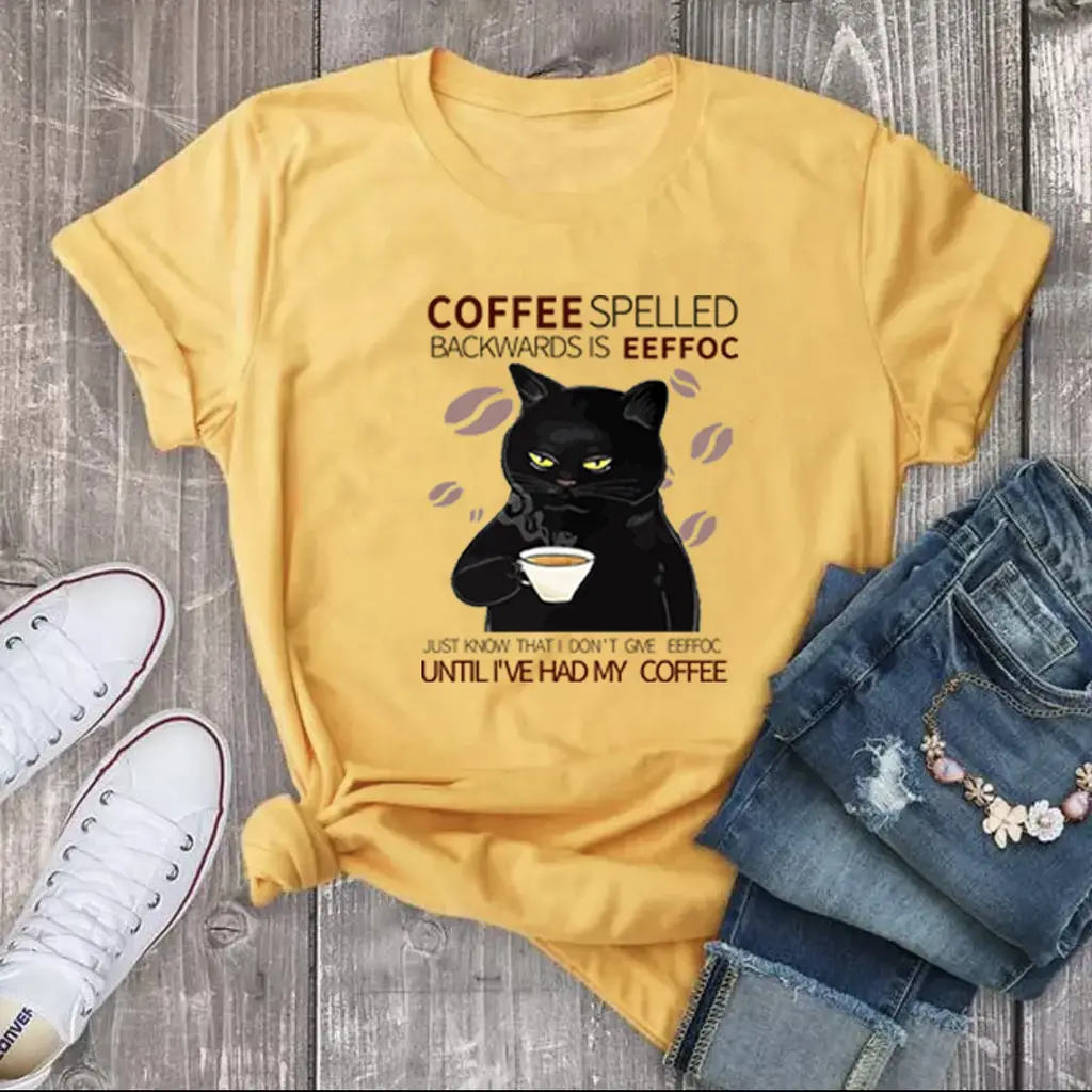 Women's Fashion Casual Printing Cat Pattern T-shirt - Yellow T Color