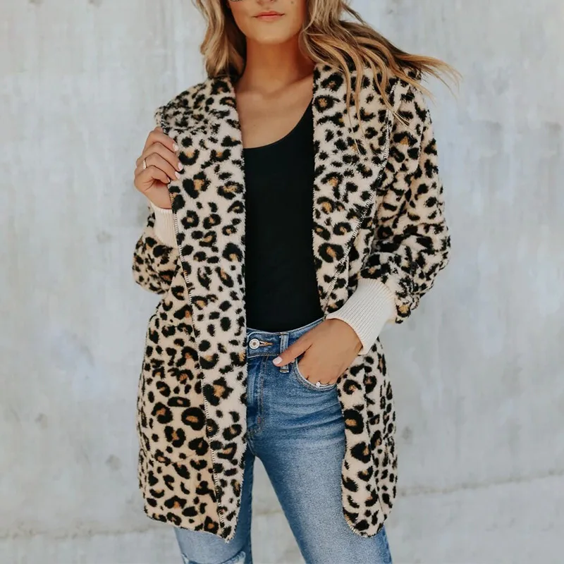 Women's Fashion Slim Leopard Print Hooded Coat Leopard Grain - Shop at LoveMi