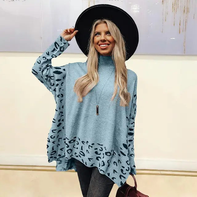 New Printed Long Sleeve High Collar Loose Casual Top For Women Blue - Shop at LoveMi