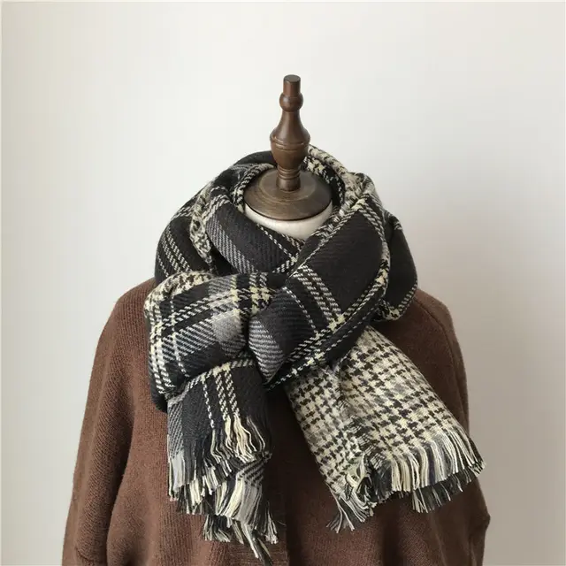 Women's Autumn Winter Retro Plaid Scarf Double Sided Plaid Black - Shop at LoveMi