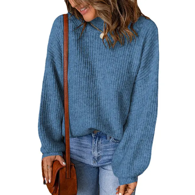 Women's New High Neck Solid Loose Pullover Sweater Blue - Shop at LoveMi