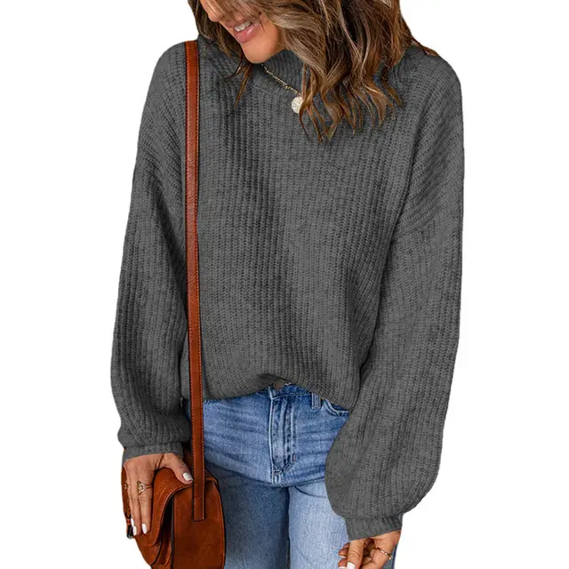 Women's New High Neck Solid Loose Pullover Sweater Dark Grey - Shop at LoveMi