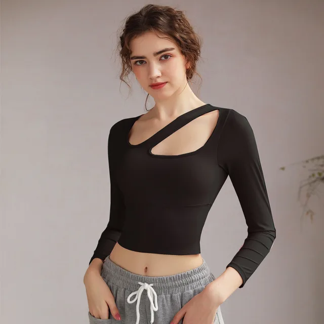 Rib Long Sleeve Running Dress Skinny Sports Top Yoga Dress Black - Shop at LoveMi