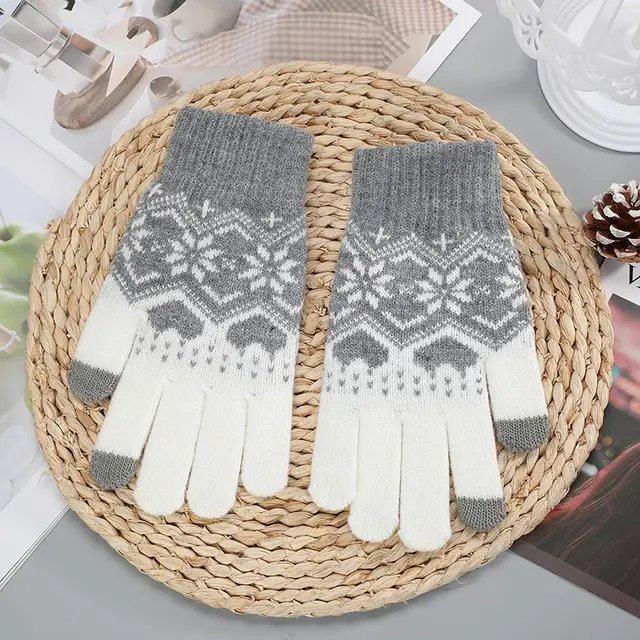 Knitted Christmas Snowflake Love Touch Screen Gloves Grey - Shop at LoveMi