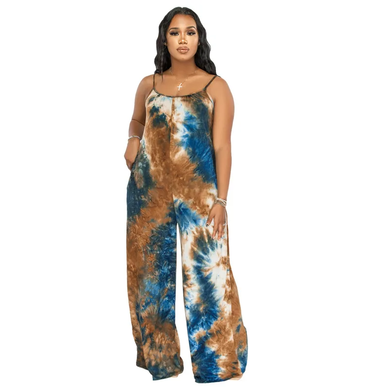 Tie-dyed Printed Sling Casual Plus Size Jumpsuit - Coffee
