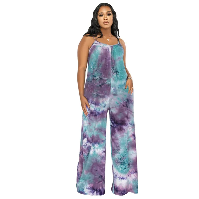 Tie dyed Printed Sling Casual Plus Size Jumpsuit Purple - Shop at LoveMi