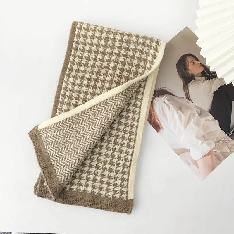 Women's Double sided Houndstooth Herringbone Scarf Beige - Shop at LoveMi