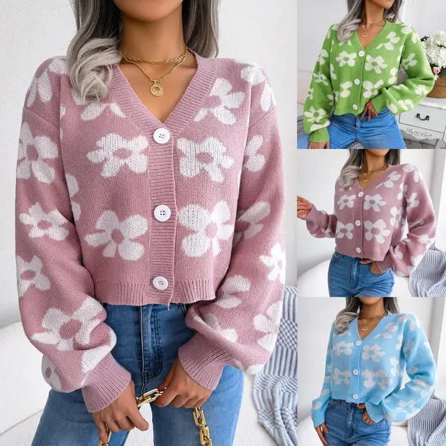 Fashionable Clashing Floral Lantern Sleeve Cardigan Jumper Jacket Set - Shop at LoveMi