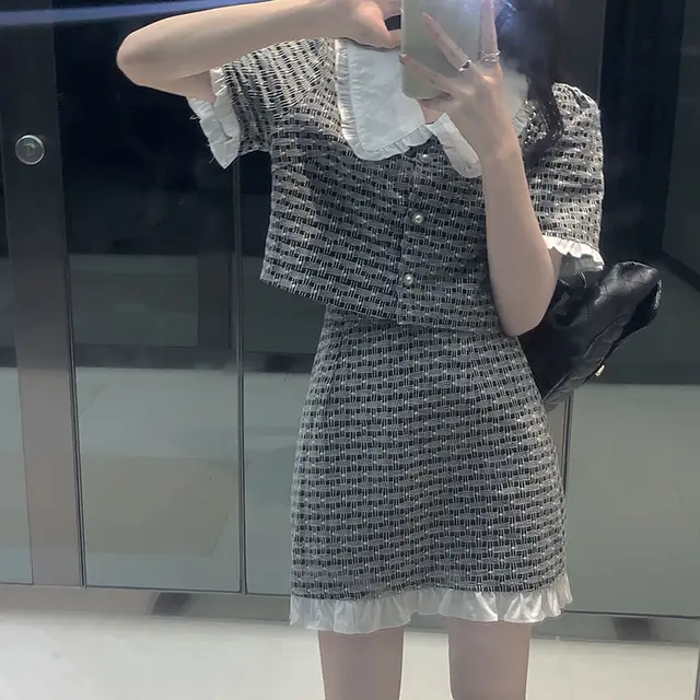 Suit Doll Collar Plaid Short sleeved Shirt Gas Skirt Skirt - Shop at LoveMi