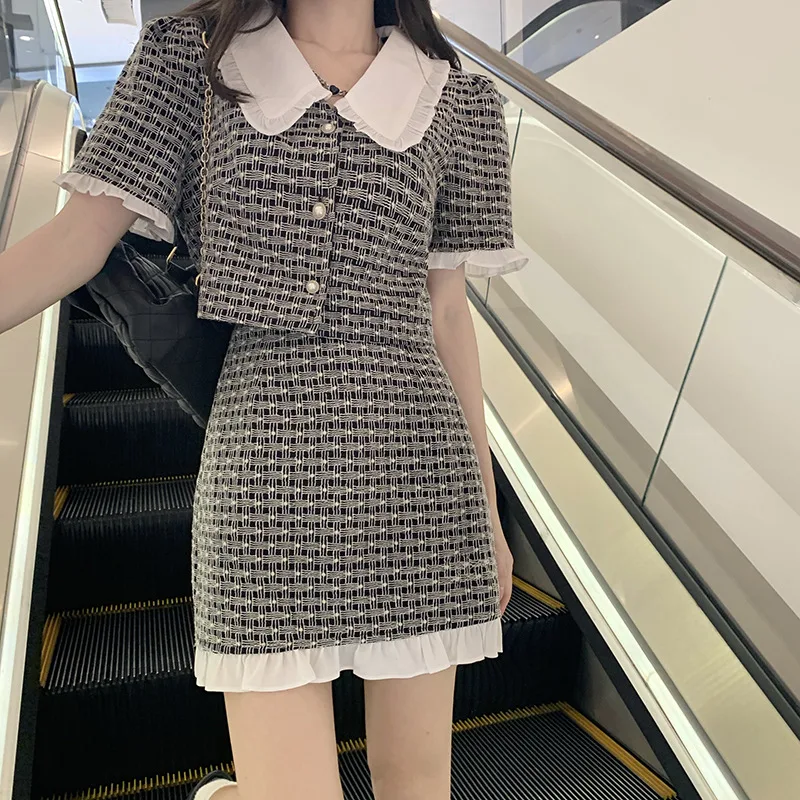 Suit Doll Collar Plaid Short sleeved Shirt Gas Skirt Suit - Shop at LoveMi