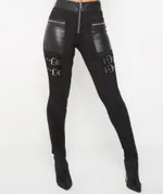 Women's Black Stitching Leather Zipper Trousers - Black