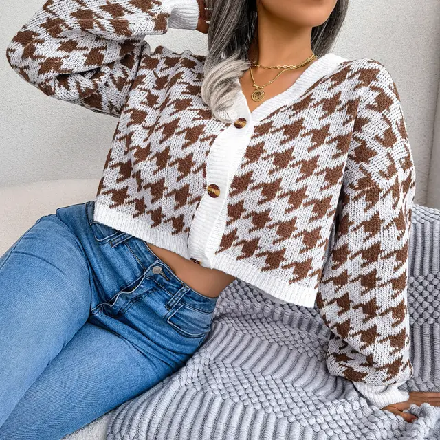 Ins Casual Lantern Long Sleeve Thousand Bird Check Cardigan Sweater Khaki - Shop at LoveMi