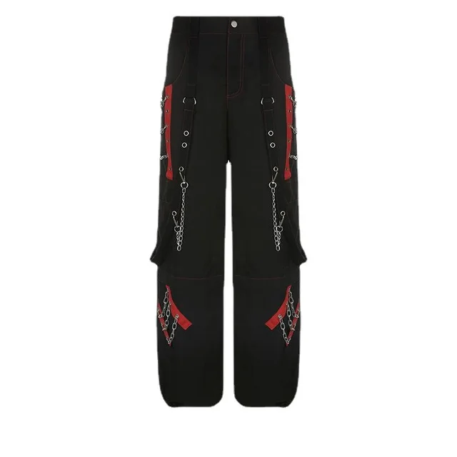 Insnet Street Dark Chain Button Webbing Hip Hop Loose Fitting Casual Trousers Black - Shop at LoveMi