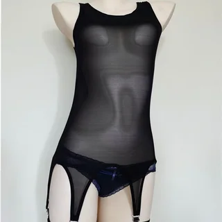 Metal Clasp Sexy Lingerie Sheer Mesh Garter - Black