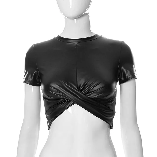 Summer New Round Neck Short Sleeve PU Top Women Black - Shop at LoveMi