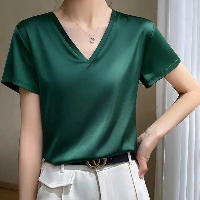 Summer Acetate Satin V neck Short sleeved T shirt Women's Top Dark Green - Shop at LoveMi
