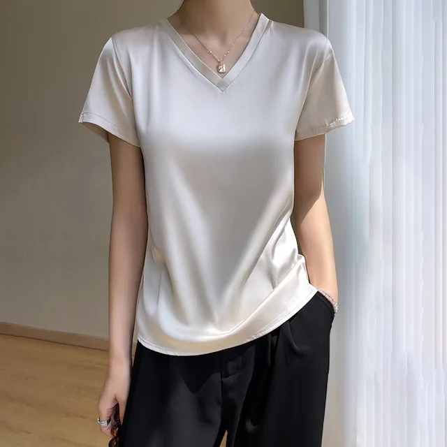 Summer Acetate Satin V neck Short sleeved T shirt Women's Top White - Shop at LoveMi