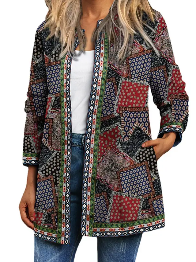 Vintage Ethnic Ladies Print Long Sleeve Jacket Brown - Shop at LoveMi