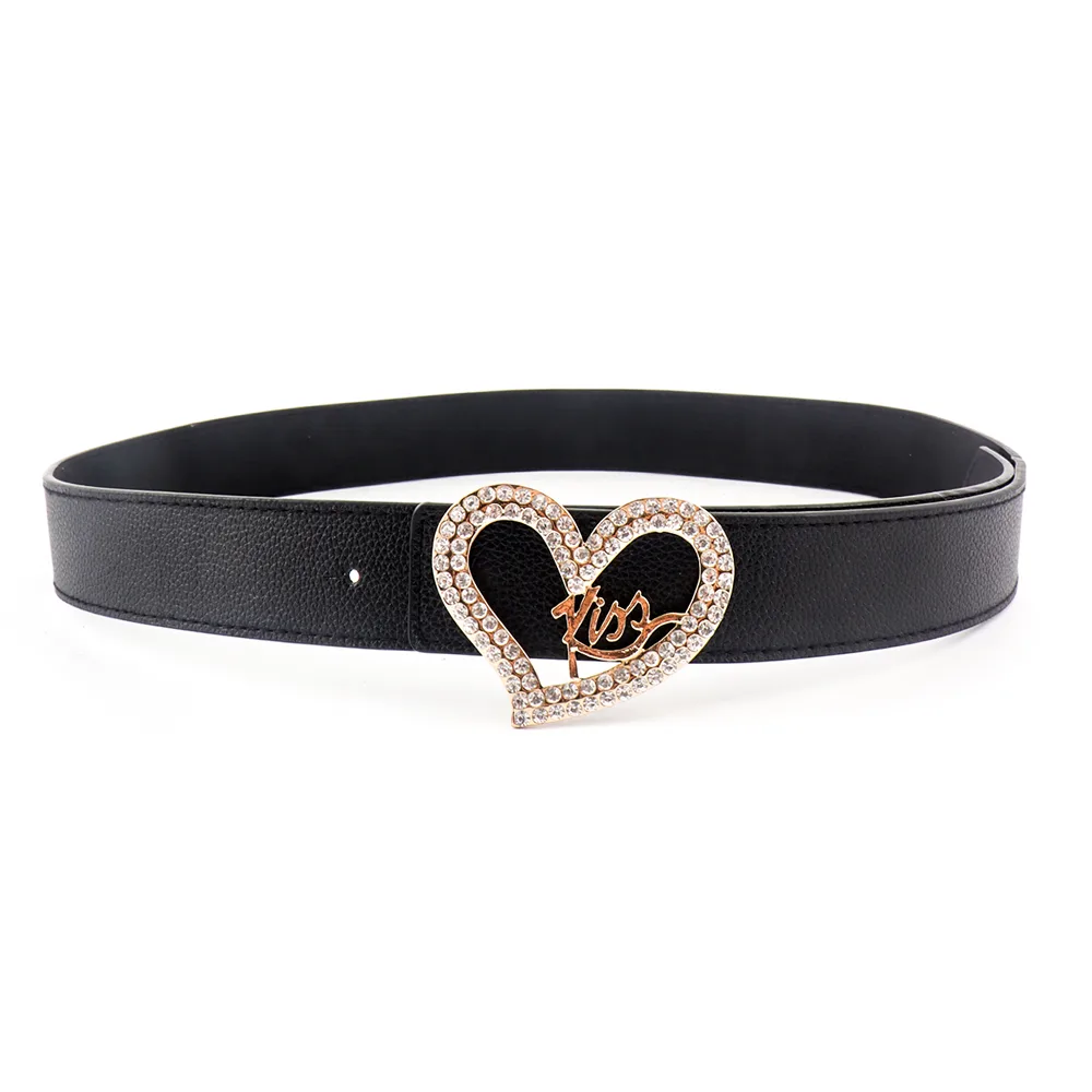 Black Ladies Belt Love Inset Rhinestone Golden Kiss Belt Fashion Hundred Matching Jeans Skirt Coat Coat Black - Shop at LoveMi