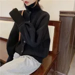 Women's Short Loose Turtleneck Sweater Coat - Black