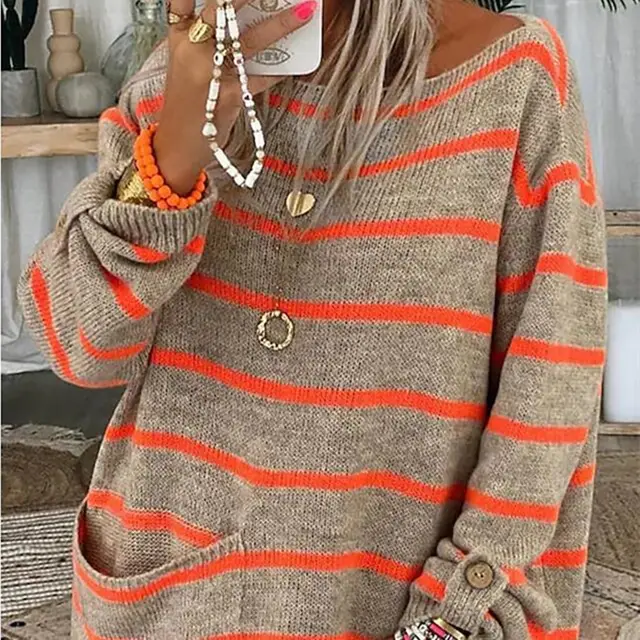 Sweater Contrast Stripe Pullover Crewneck Sweater Image Color - Shop at LoveMi