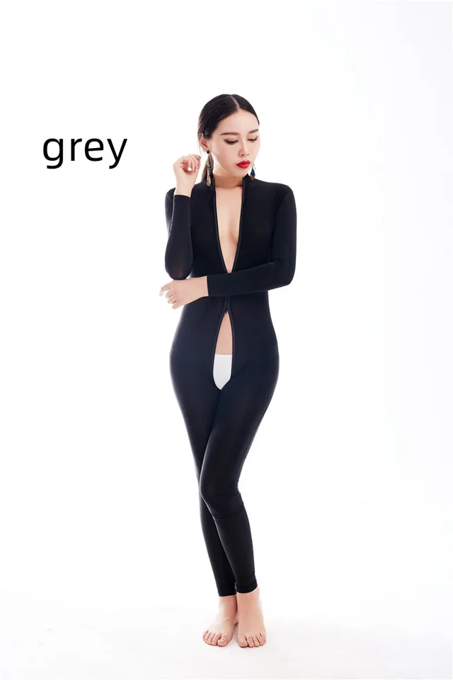 Plus Size High Elastic Ice Silk Bodysuit Double Zip Grey - Shop at LoveMi