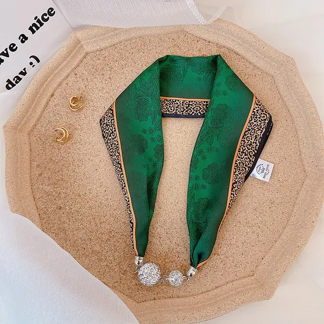 Magnetic Buckle Pearl Lazy Little Silk Scarf Female Neck Protection Decoration Blackish Green - Shop at LoveMi