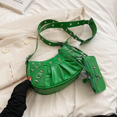 Rivet Heavy Industry Pleated Dumpling Bag Personality Green - Shop at LoveMi