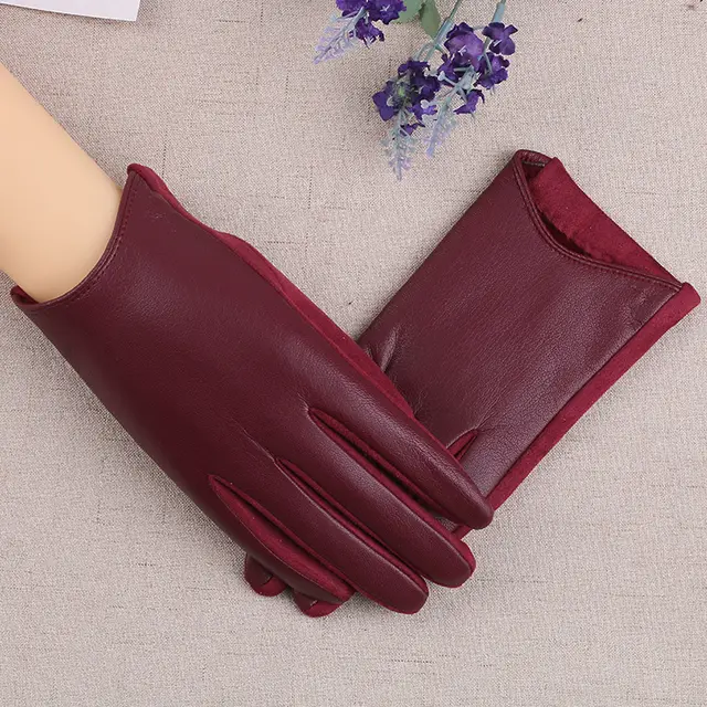 PU Leather Gloves Women's Winter Fleece Thick Touch Screen Claret Red - Shop at LoveMi
