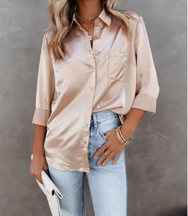 Solid Color Long sleeved Temperament Commuter Fashion Shirt Apricot - Shop at LoveMi