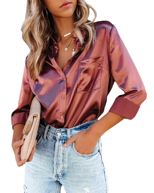 Solid Color Long sleeved Temperament Commuter Fashion Shirt Claret Red - Shop at LoveMi