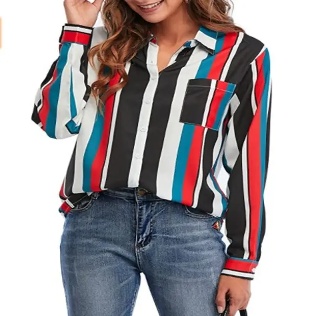 Women's Striped Print Single Breasted Shirt Red - Shop at LoveMi