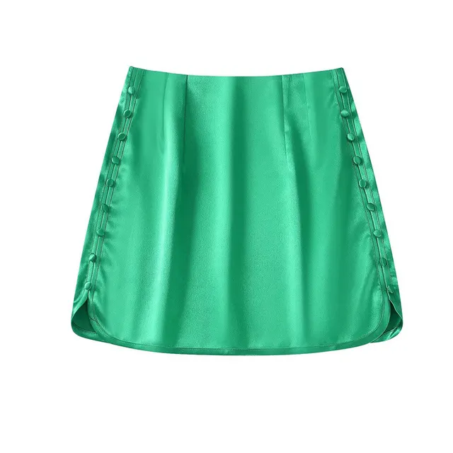 New Buttoned Silk satin Textured Skirt Miniskirt Green - Shop at LoveMi