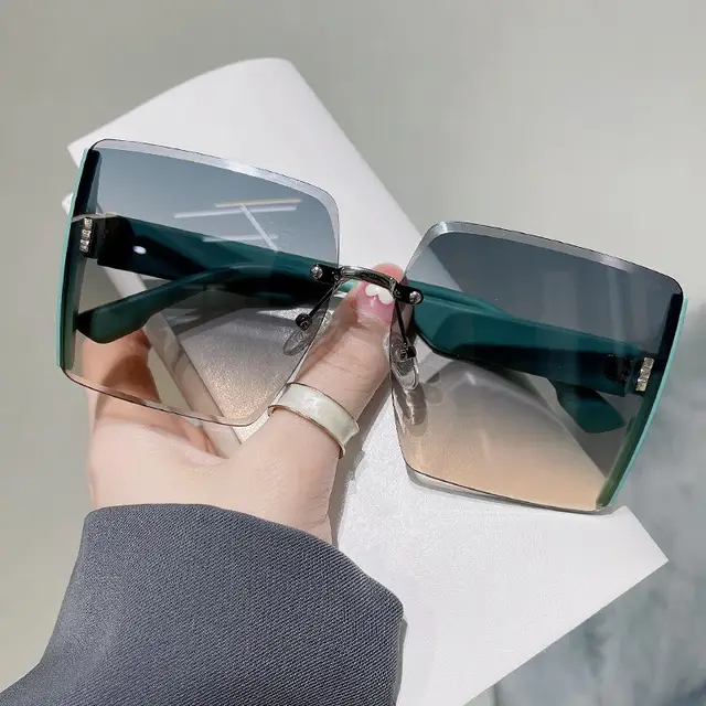 Square Rimless Cut Edge Fashion Sunglasses Green - Shop at LoveMi