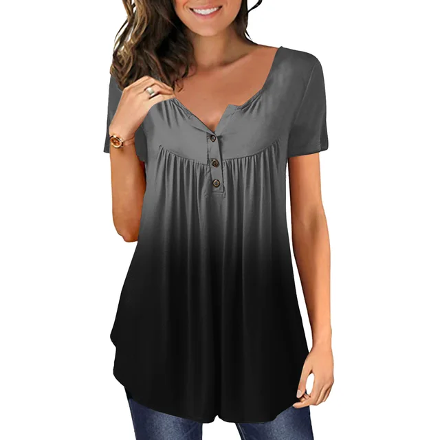New Plus Size Printed Deep V Pullover Women's T Shirt Grey Gradient - Shop at LoveMi
